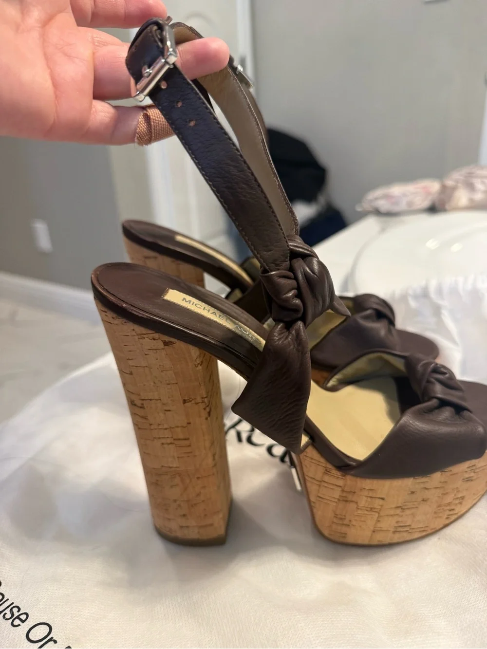 Michael Kors Dark Brown Knotted Leather Cork Platform Sandals